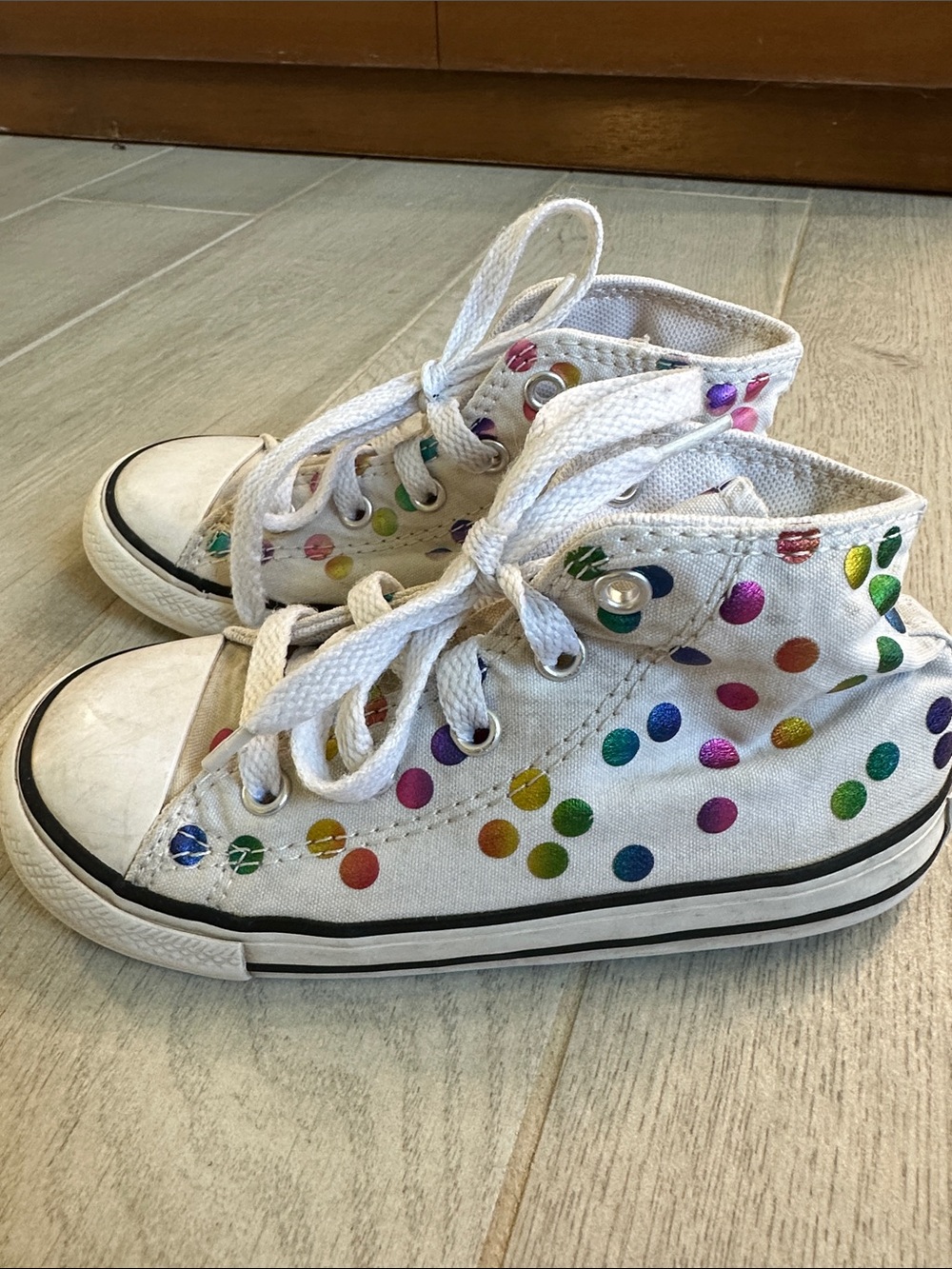 Kids White High-Top Converse with Multicolor Polka Dots